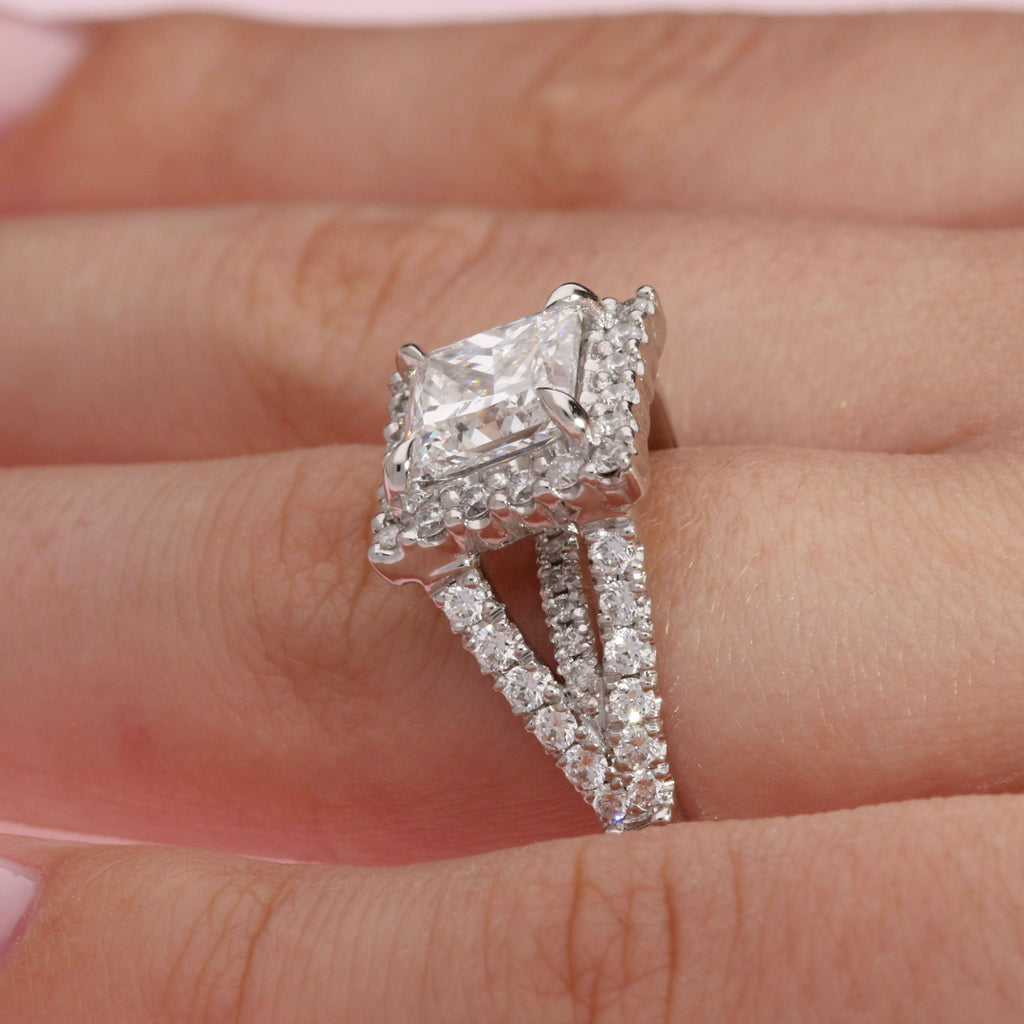 Princess Cut Split Shank Halo Engagement Ring