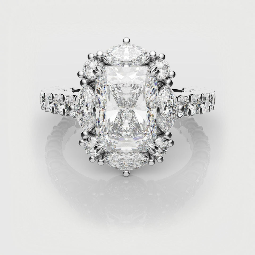 Unique Radiant Cut Diamond Engagement Ring with Marquise Halo