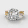 Pavé Cushion Cut Diamond Halo Bridal Set - Two Tone Yellow Gold