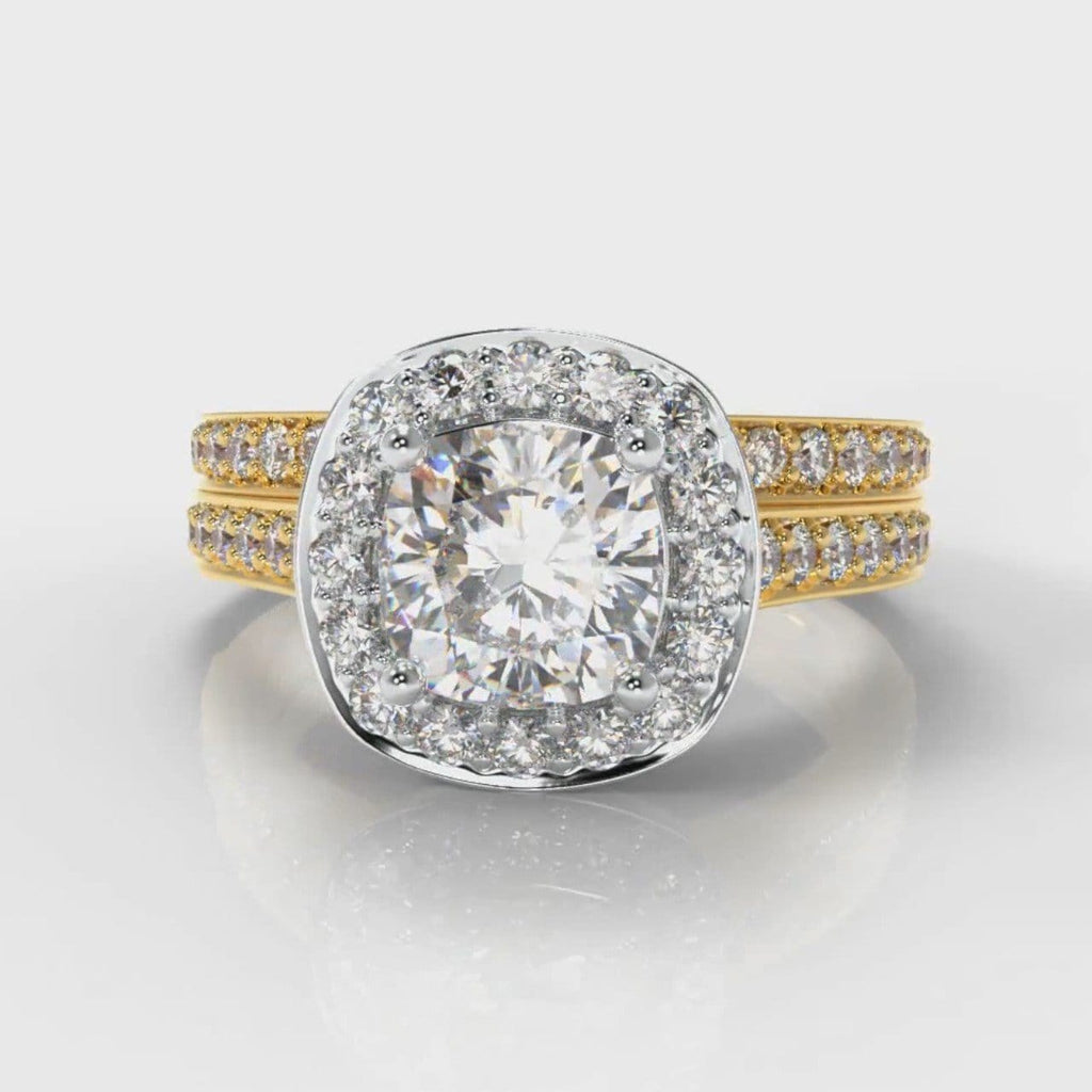 Pavé Cushion Cut Diamond Halo Bridal Set - Two Tone Yellow Gold