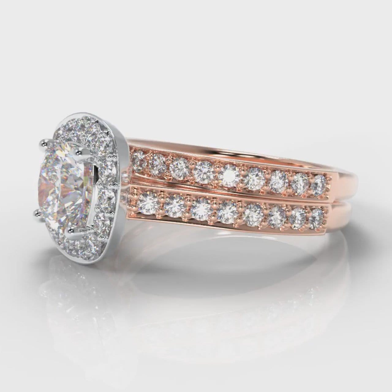 Pavé Cushion Cut Diamond Halo Bridal Set - Two Tone Rose Gold