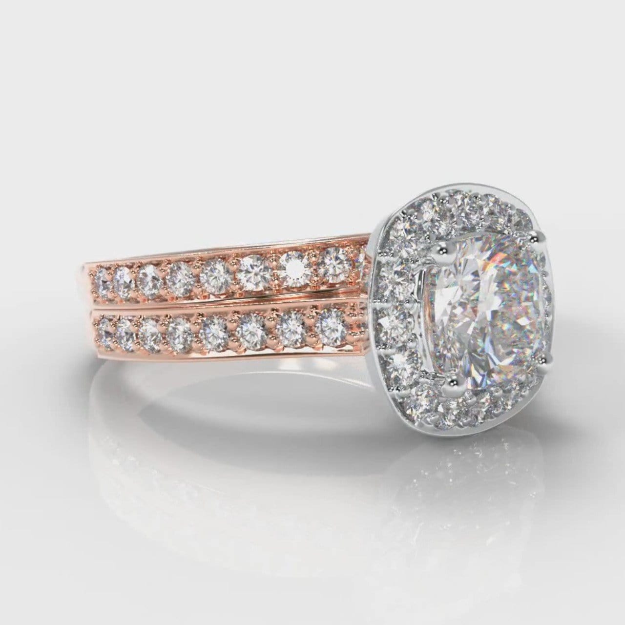 Pavé Cushion Cut Diamond Halo Bridal Set - Two Tone Rose Gold