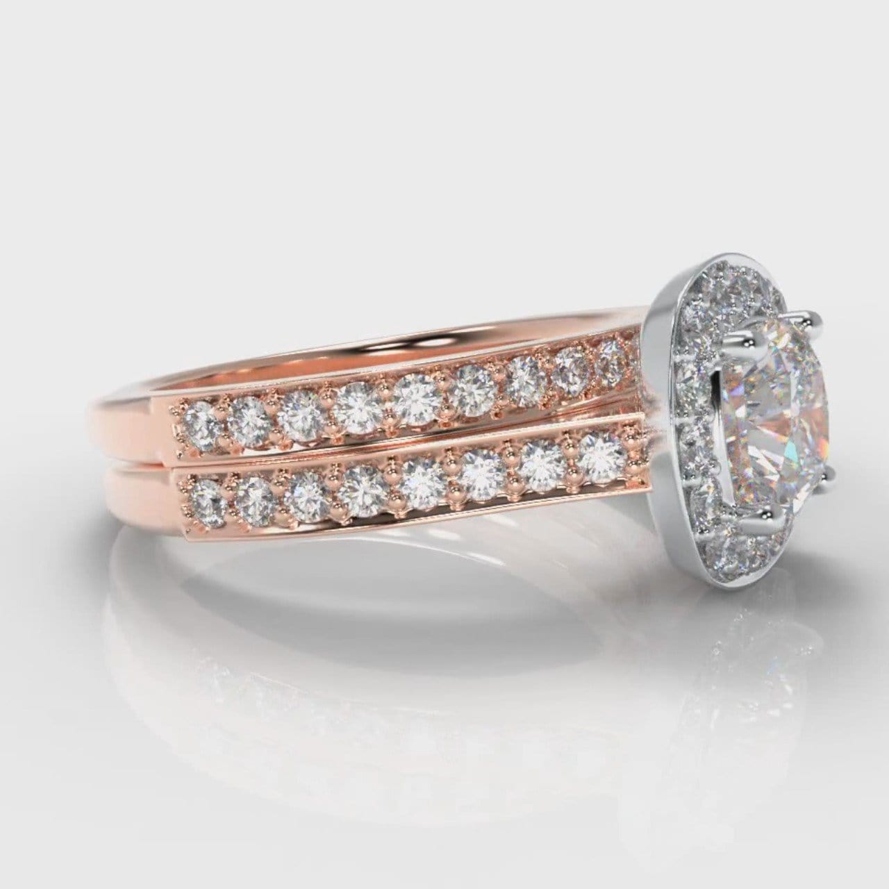 Pavé Cushion Cut Diamond Halo Bridal Set - Two Tone Rose Gold