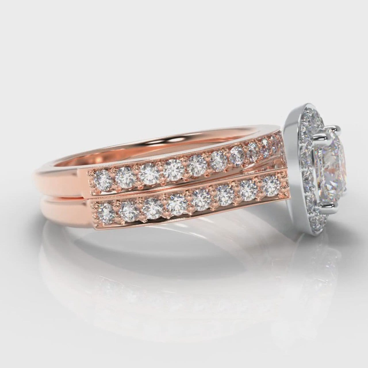 Pavé Cushion Cut Diamond Halo Bridal Set - Two Tone Rose Gold
