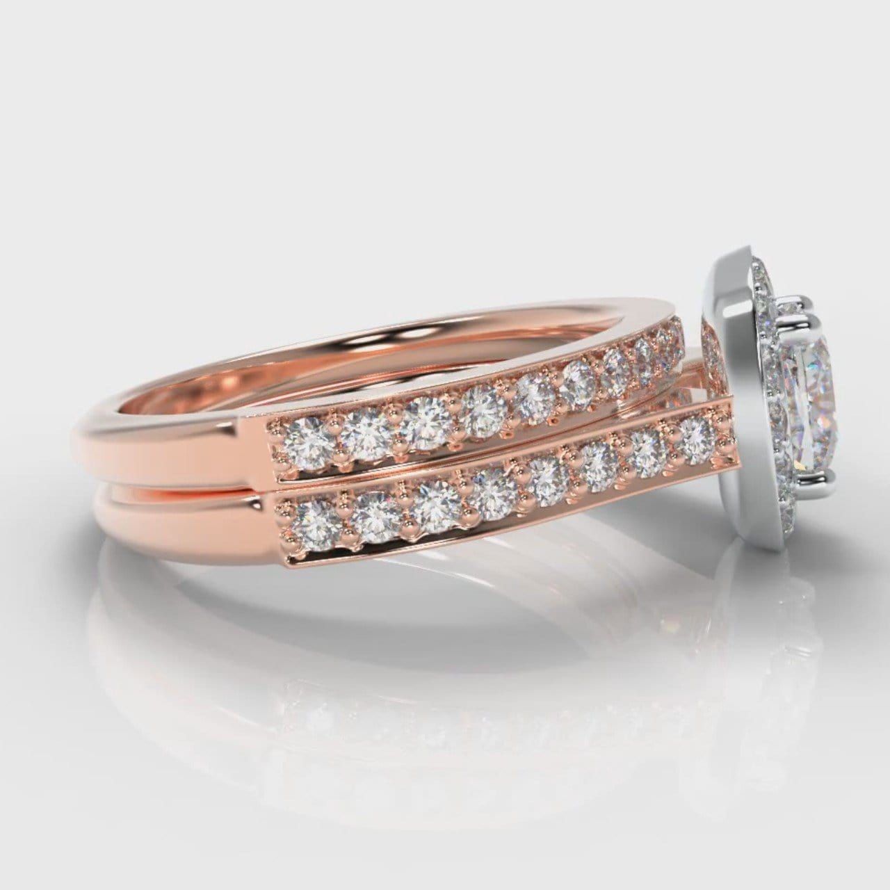 Pavé Cushion Cut Diamond Halo Bridal Set - Two Tone Rose Gold