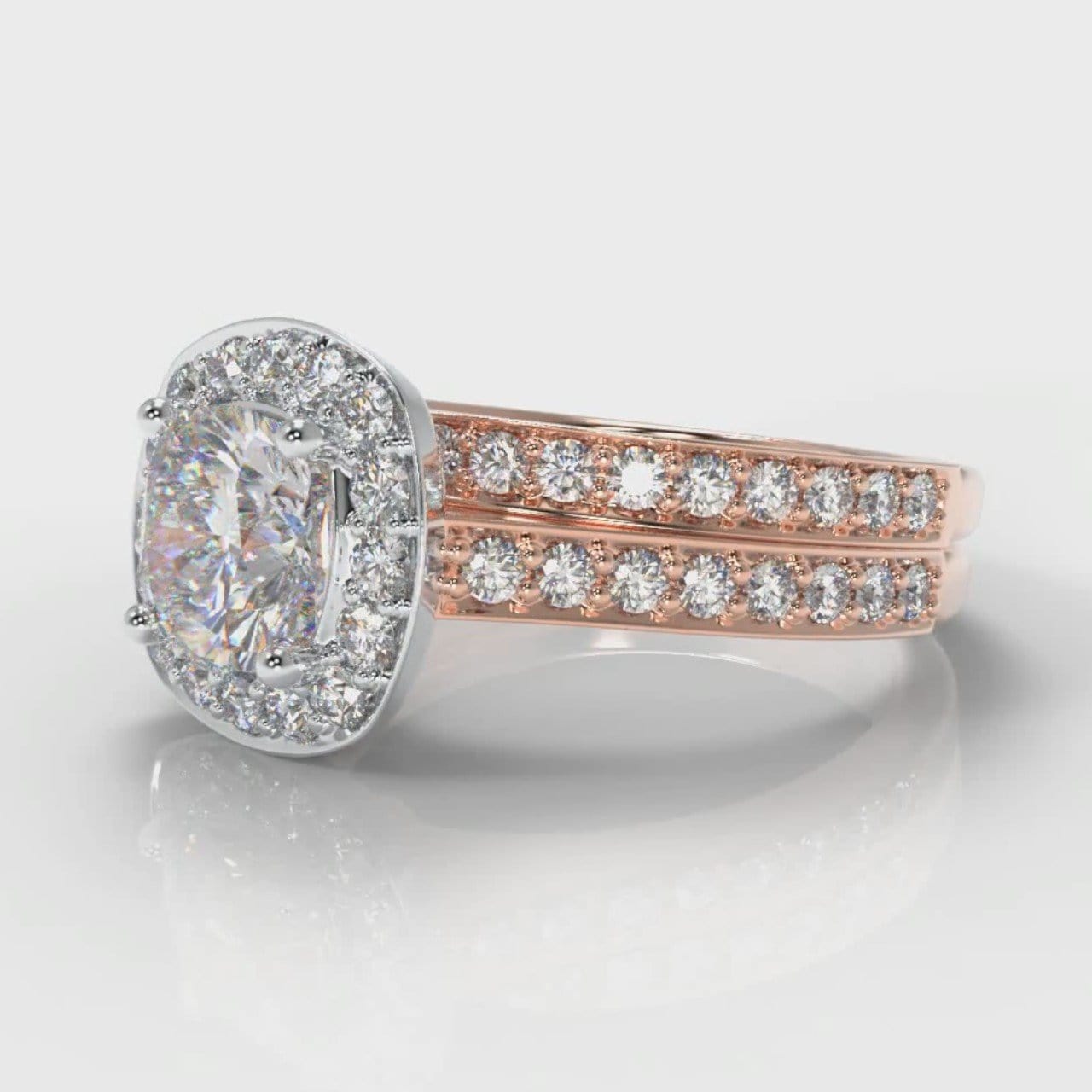 Pavé Cushion Cut Diamond Halo Bridal Set - Two Tone Rose Gold
