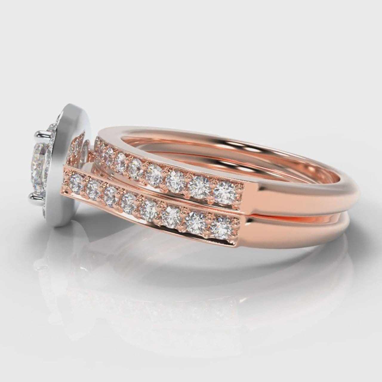 Pavé Cushion Cut Diamond Halo Bridal Set - Two Tone Rose Gold