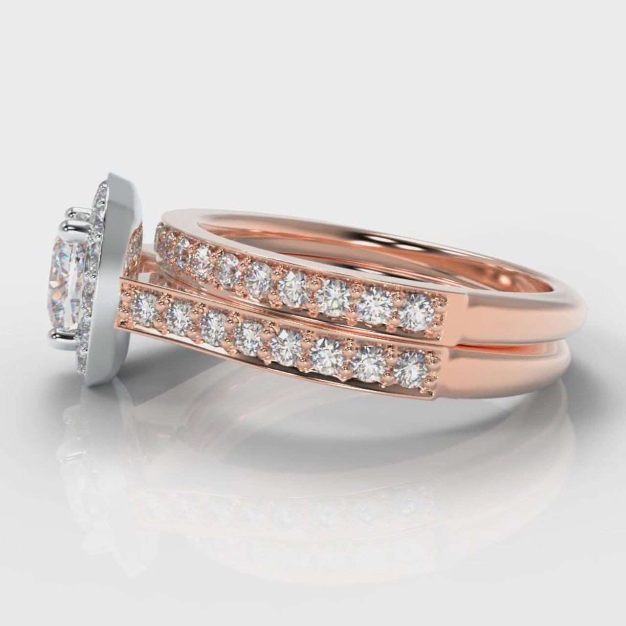 Pavé Cushion Cut Diamond Halo Bridal Set - Two Tone Rose Gold