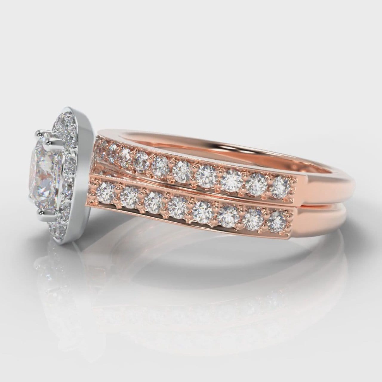 Pavé Cushion Cut Diamond Halo Bridal Set - Two Tone Rose Gold