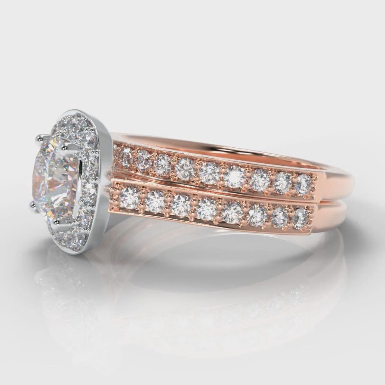 Pavé Cushion Cut Diamond Halo Bridal Set - Two Tone Rose Gold