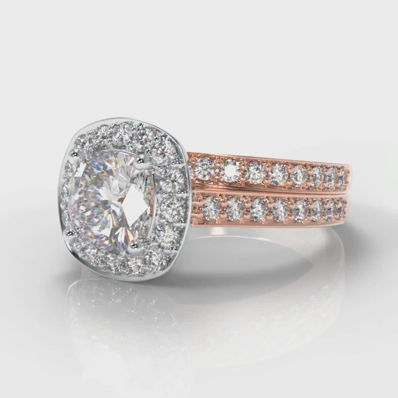 Pavé Cushion Cut Diamond Halo Bridal Set - Two Tone Rose Gold