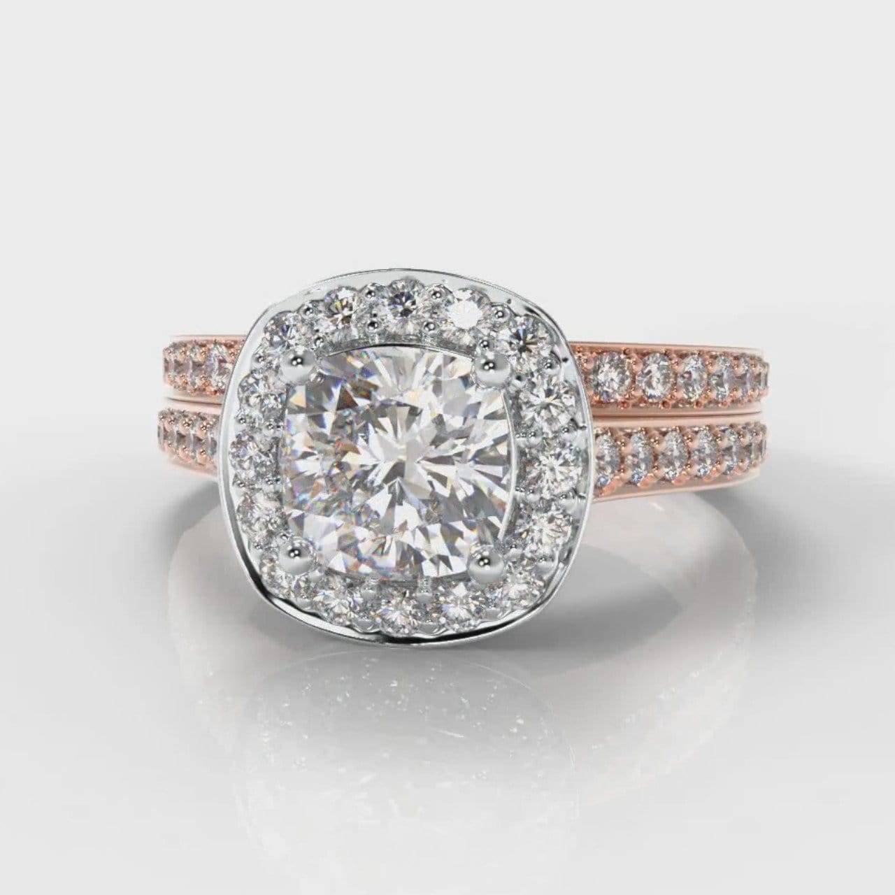 Pavé Cushion Cut Diamond Halo Bridal Set - Two Tone Rose Gold