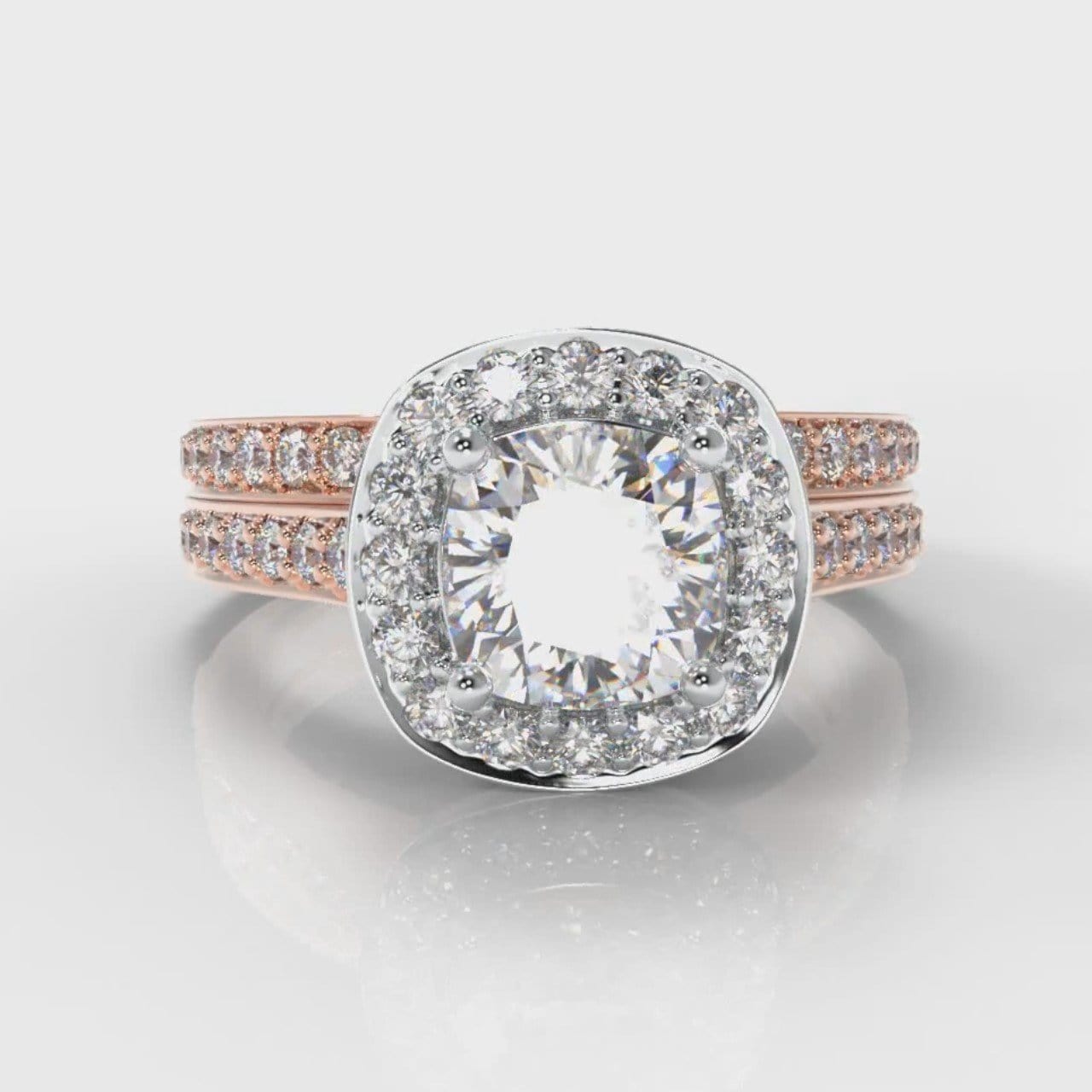 Pavé Cushion Cut Diamond Halo Bridal Set - Two Tone Rose Gold