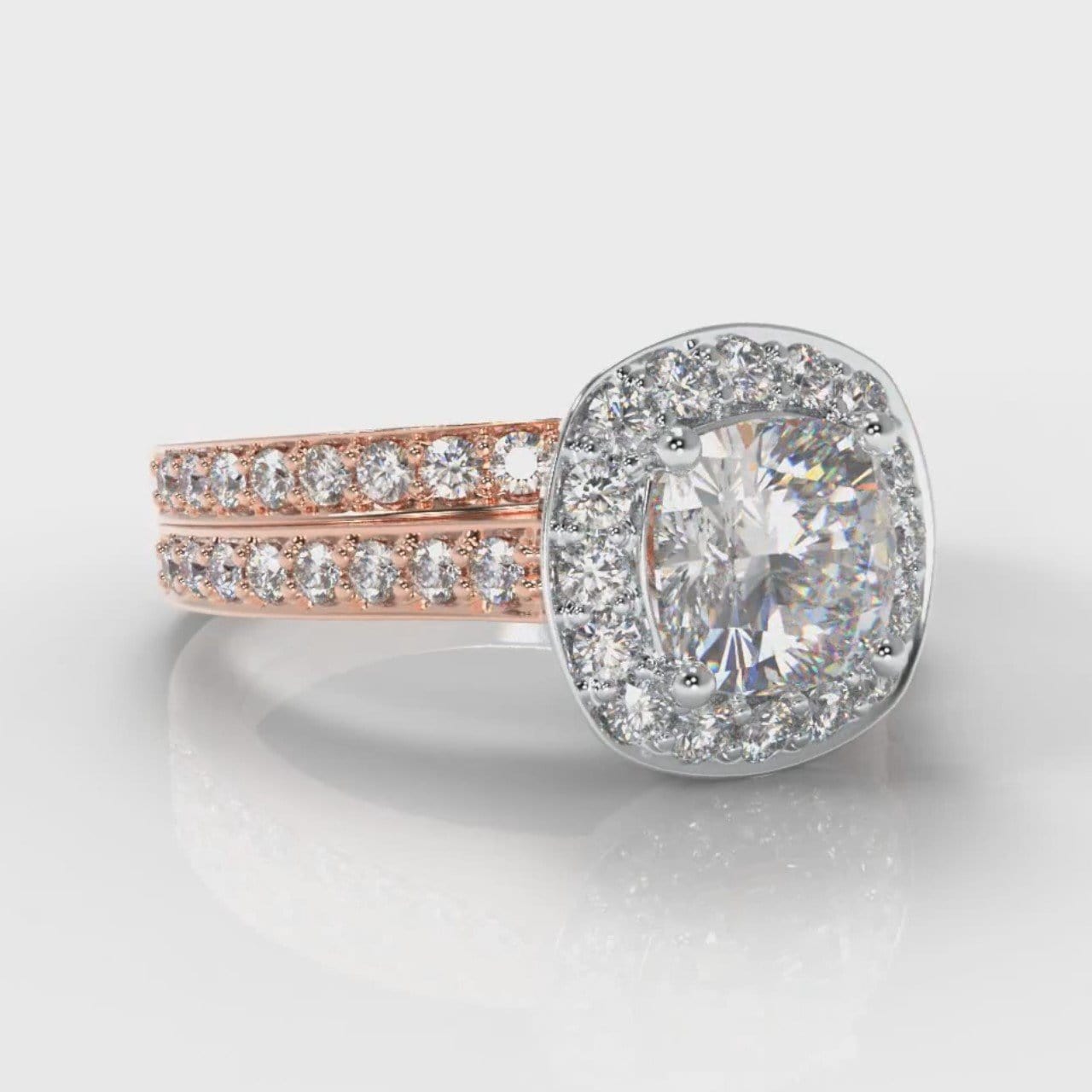 Pavé Cushion Cut Diamond Halo Bridal Set - Two Tone Rose Gold