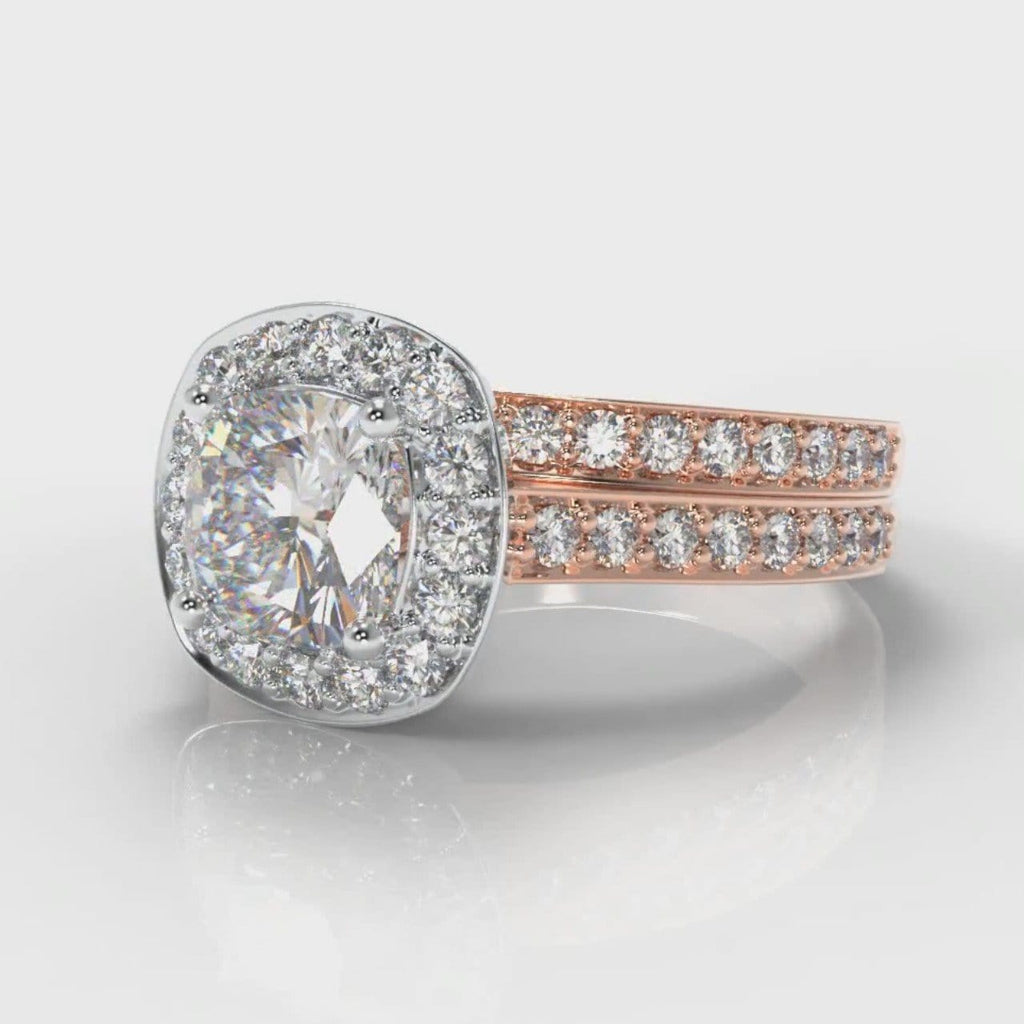 Pavé Cushion Cut Diamond Halo Bridal Set - Two Tone Rose Gold