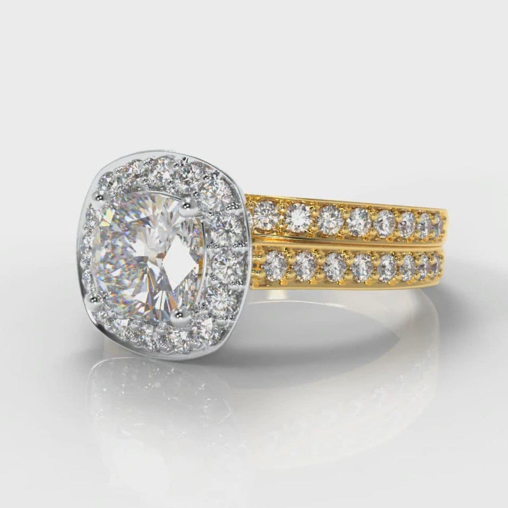 Pavé Cushion Cut Diamond Halo Bridal Set - Two Tone Yellow Gold