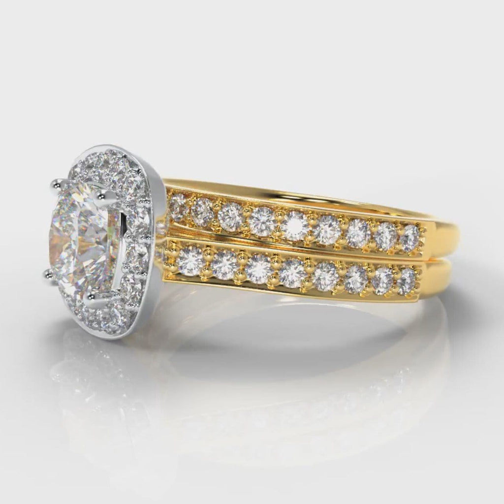 Pavé Cushion Cut Diamond Halo Bridal Set - Two Tone Yellow Gold
