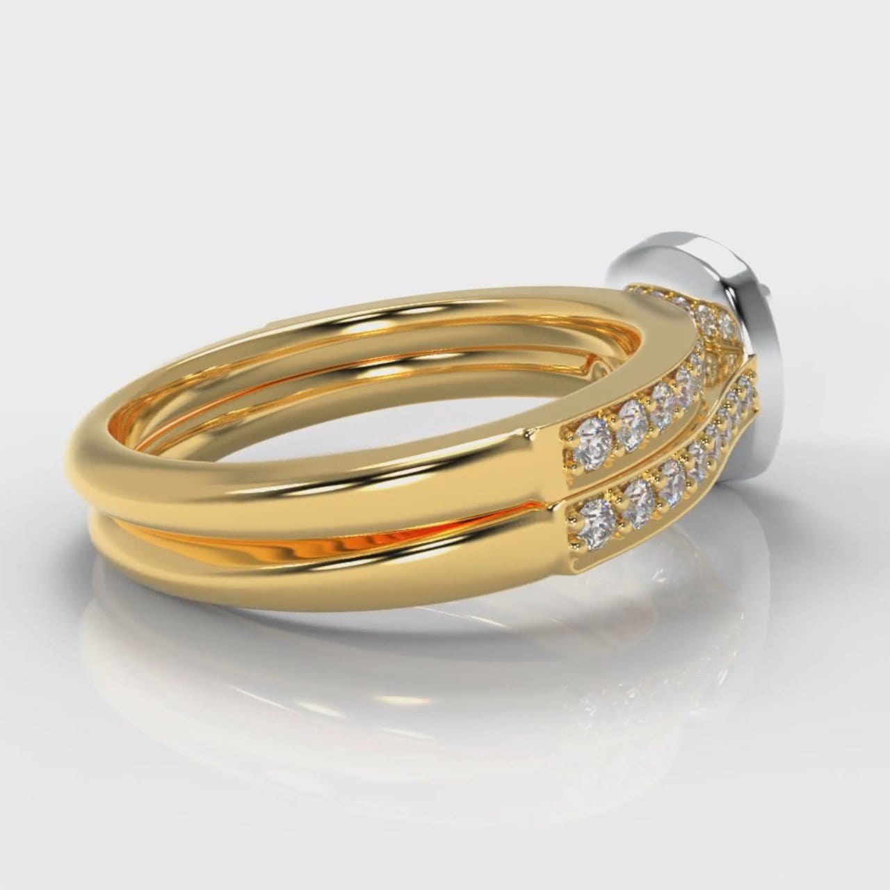 Pavé Cushion Cut Diamond Halo Bridal Set - Two Tone Yellow Gold