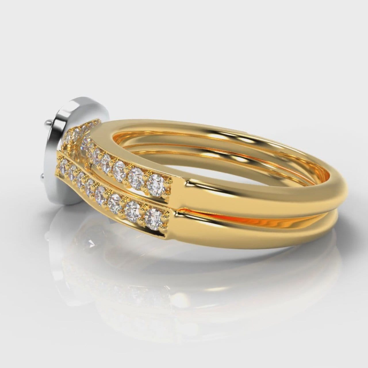 Pavé Cushion Cut Diamond Halo Bridal Set - Two Tone Yellow Gold