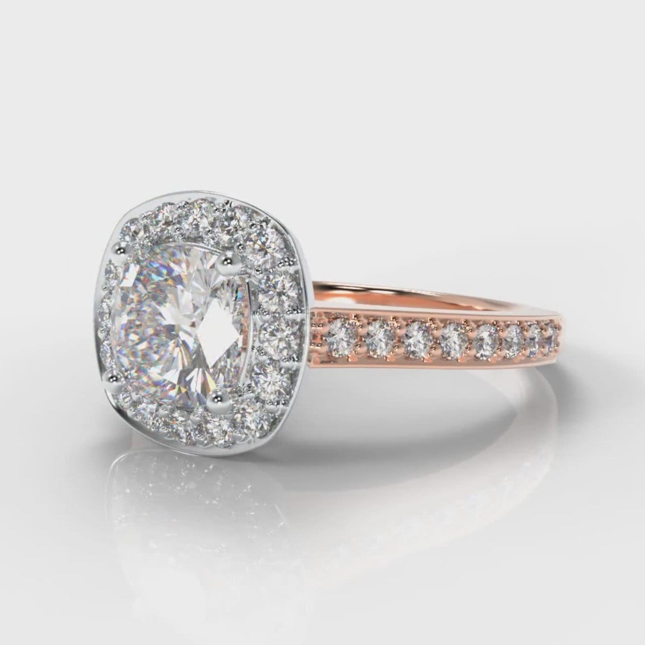 Pavé Cushion Cut Diamond Halo Engagement Ring - Two Tone Rose Gold
