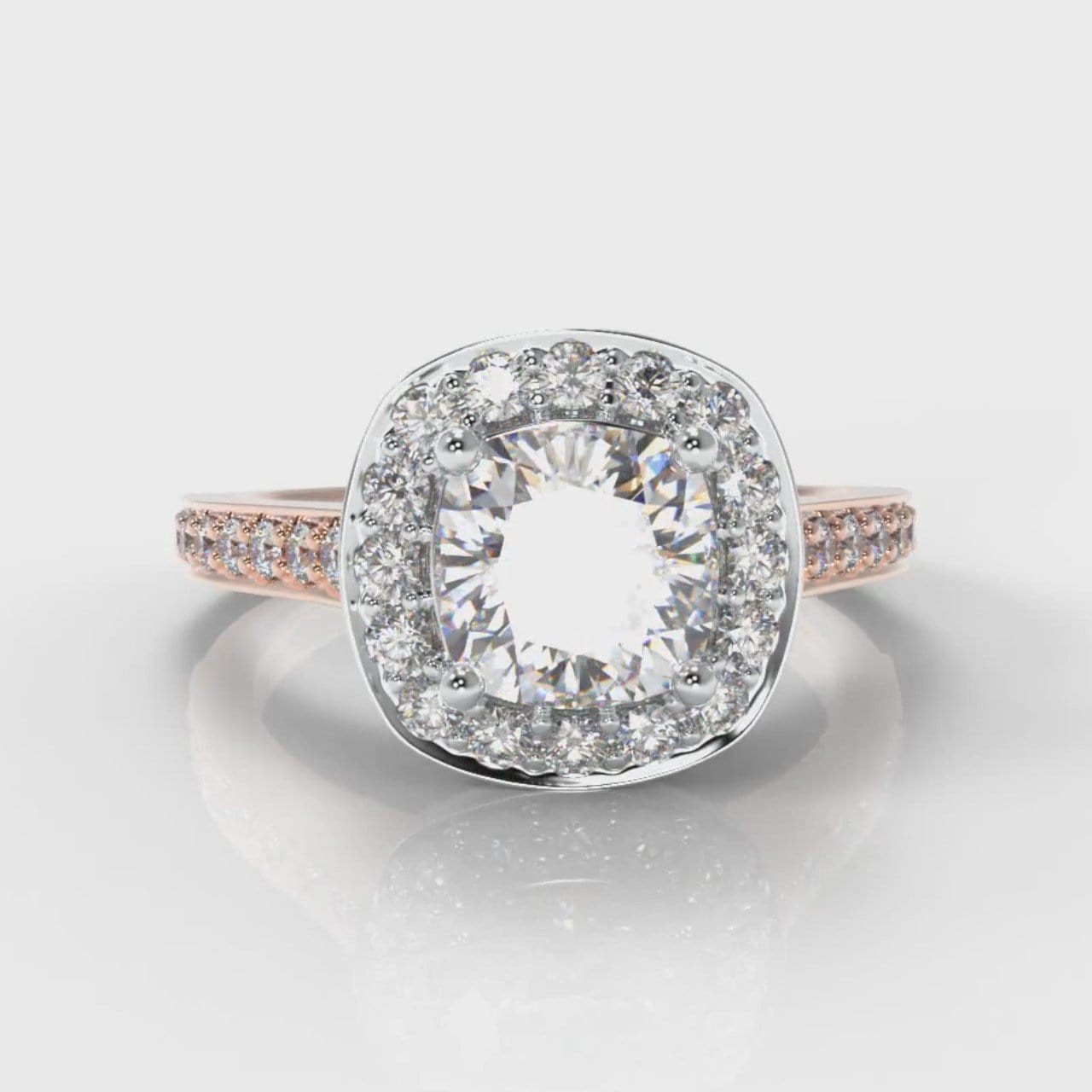 Pavé Cushion Cut Diamond Halo Engagement Ring - Two Tone Rose Gold