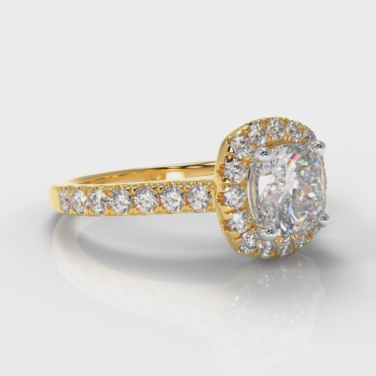 Micropavé Cushion Cut Diamond Halo Engagement Ring - Yellow Gold