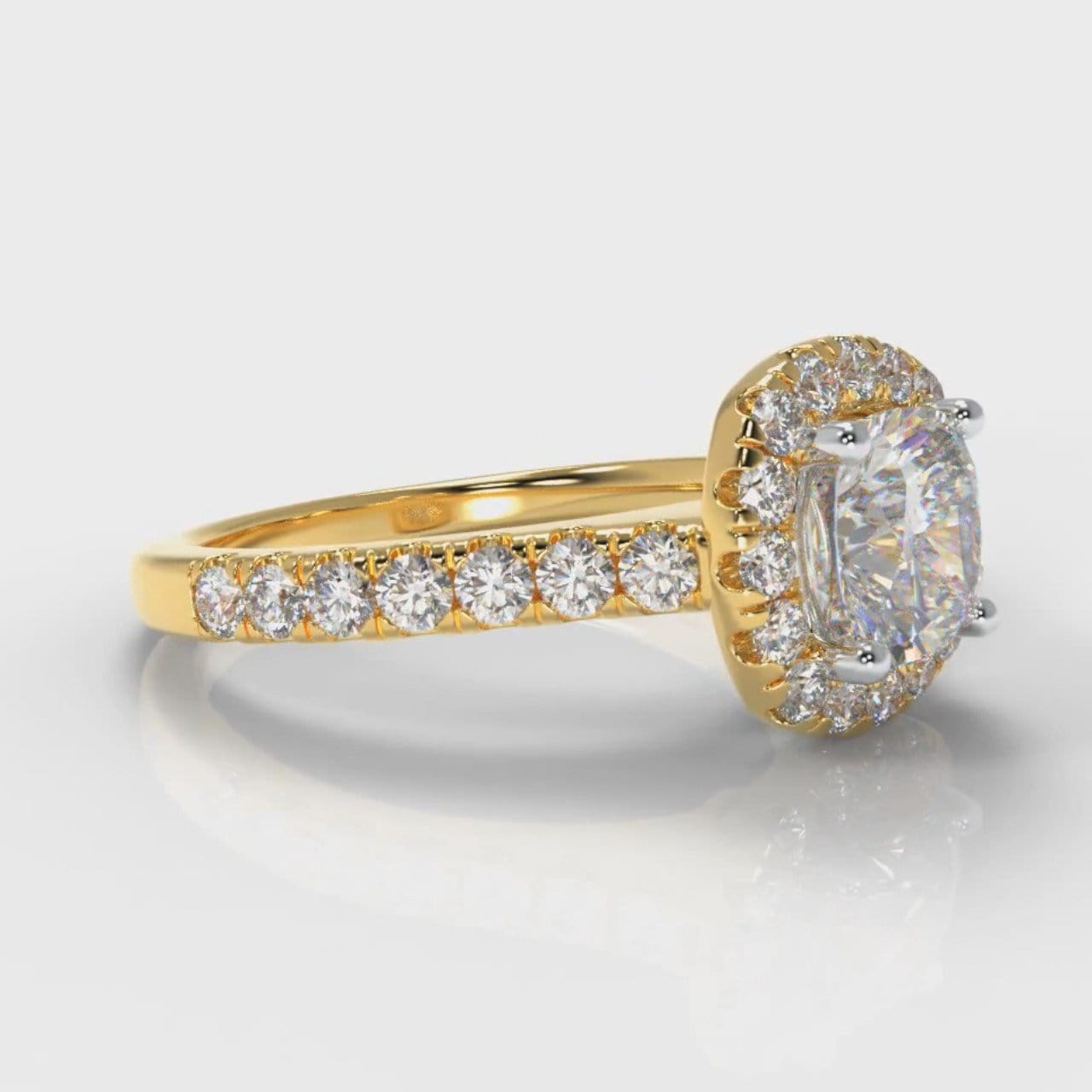 Micropavé Cushion Cut Diamond Halo Engagement Ring - Yellow Gold