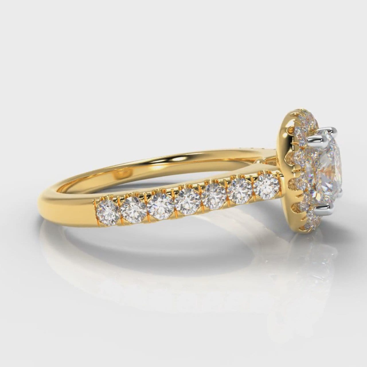 Micropavé Cushion Cut Diamond Halo Engagement Ring - Yellow Gold