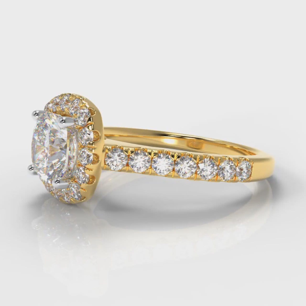 Micropavé Cushion Cut Diamond Halo Engagement Ring - Yellow Gold