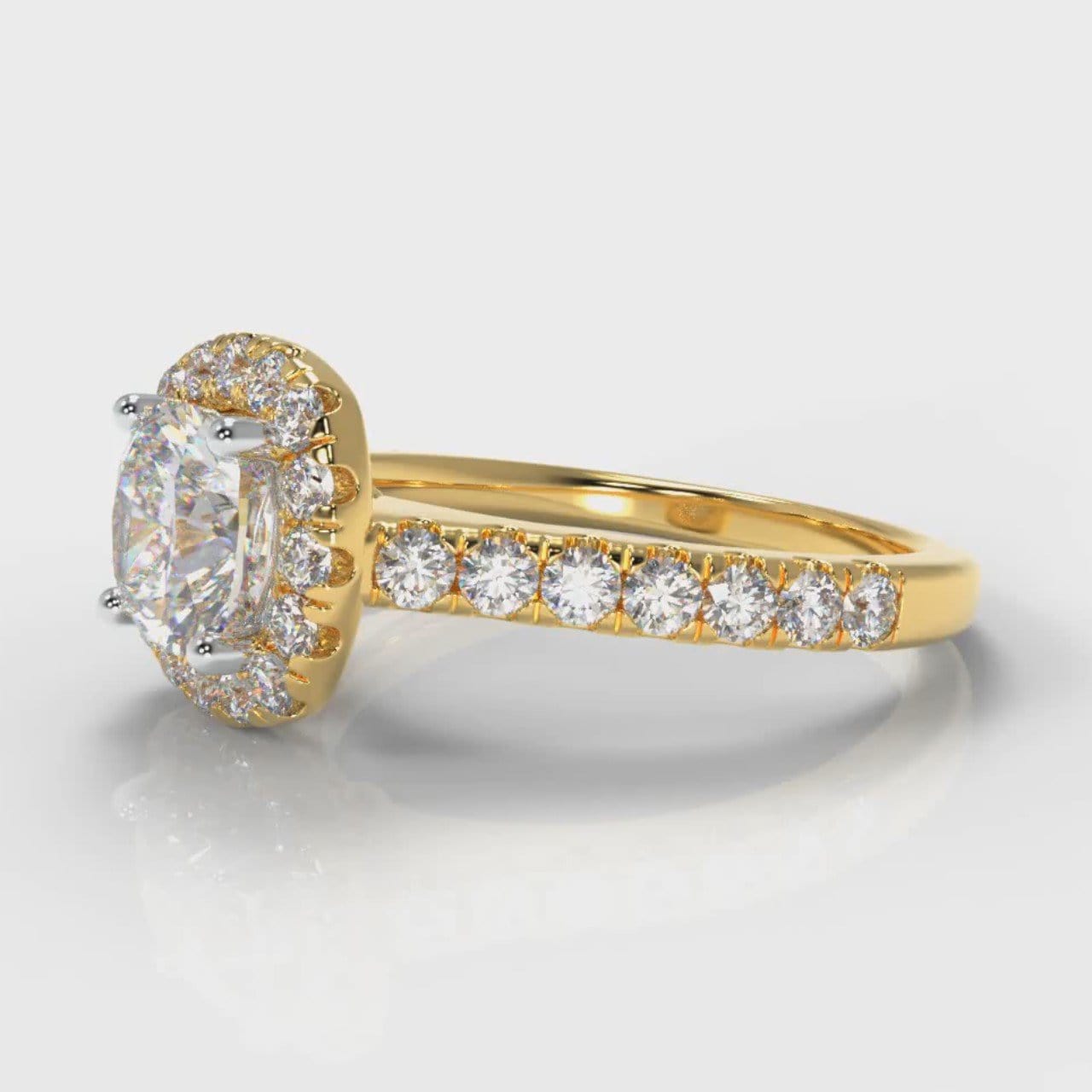 Micropavé Cushion Cut Diamond Halo Engagement Ring - Yellow Gold