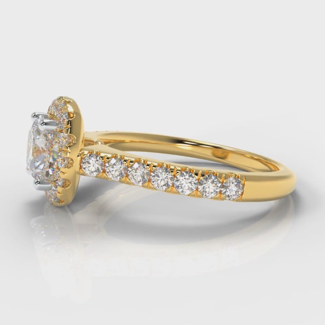 Micropavé Cushion Cut Diamond Halo Engagement Ring - Yellow Gold
