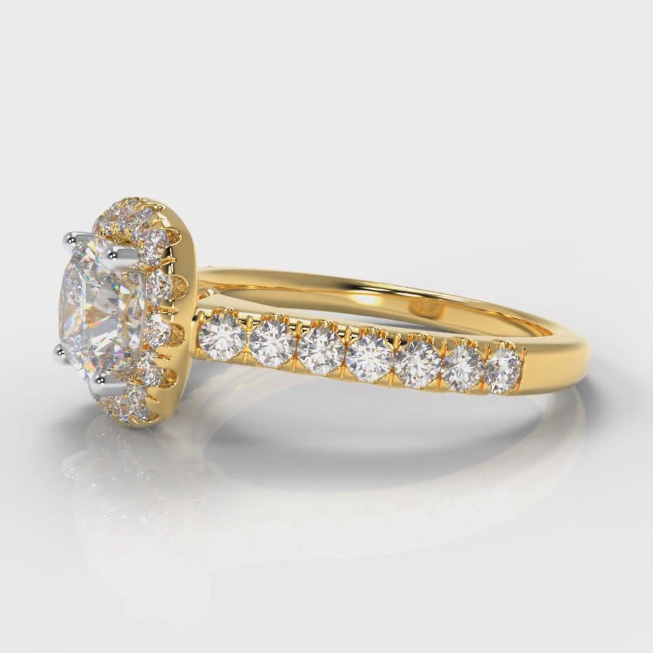 Micropavé Cushion Cut Diamond Halo Engagement Ring - Yellow Gold