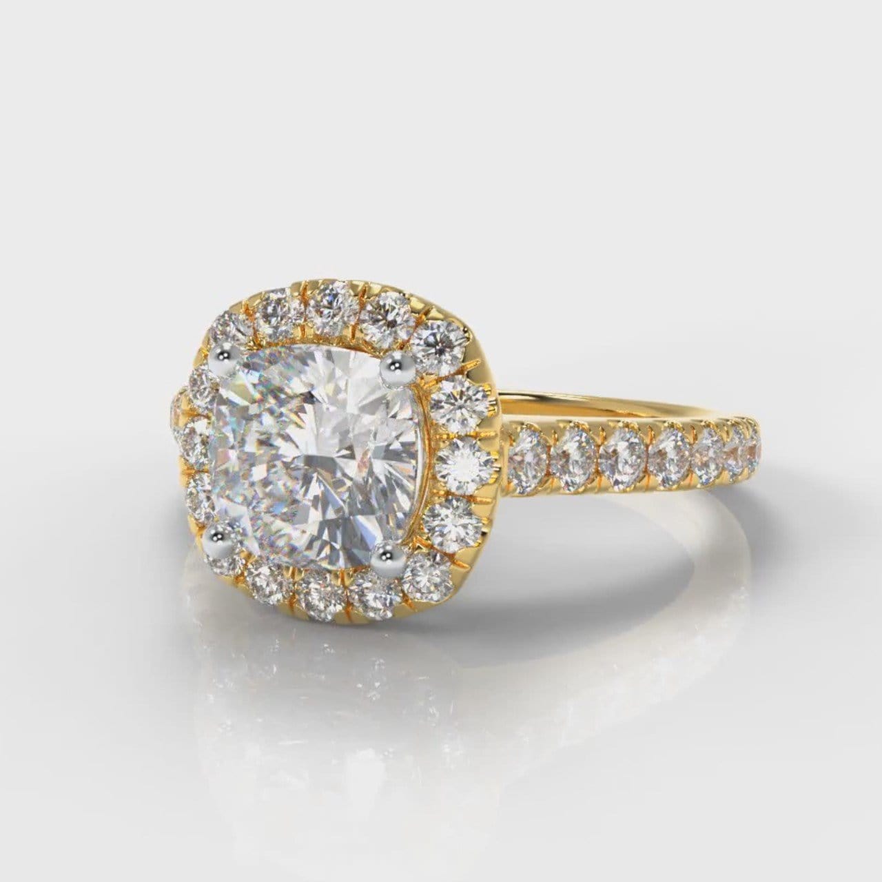 Micropavé Cushion Cut Diamond Halo Engagement Ring - Yellow Gold