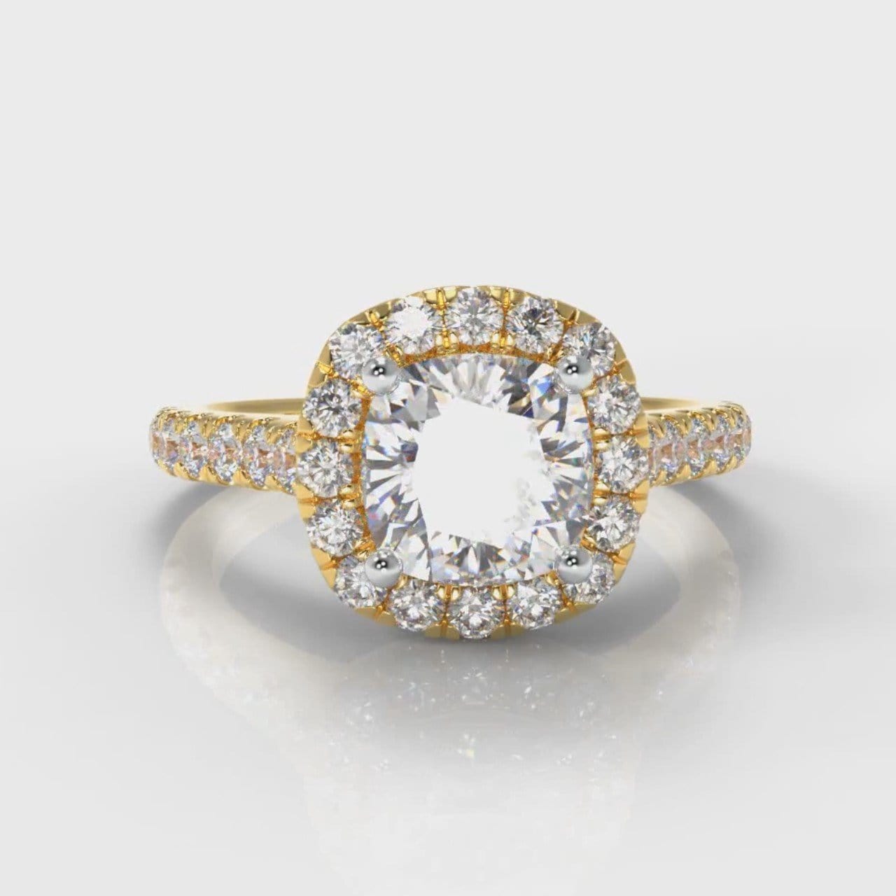 Micropavé Cushion Cut Diamond Halo Engagement Ring - Yellow Gold