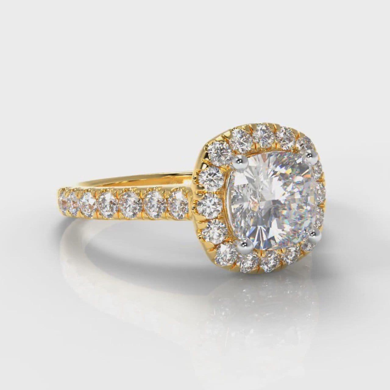 Micropavé Cushion Cut Diamond Halo Engagement Ring - Yellow Gold