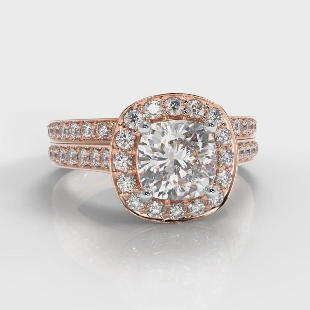 Pavé Cushion Cut Diamond Halo Bridal Set - Rose Gold