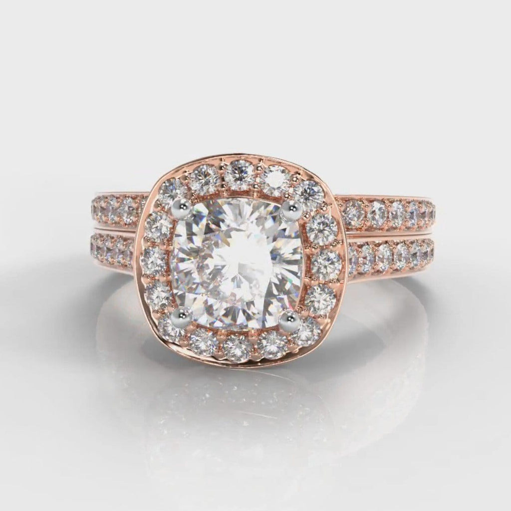 Pavé Cushion Cut Diamond Halo Bridal Set - Rose Gold