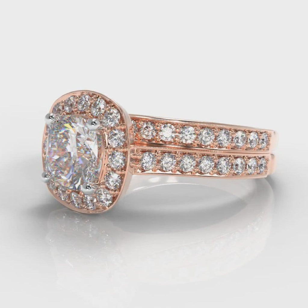 Pavé Cushion Cut Diamond Halo Bridal Set - Rose Gold