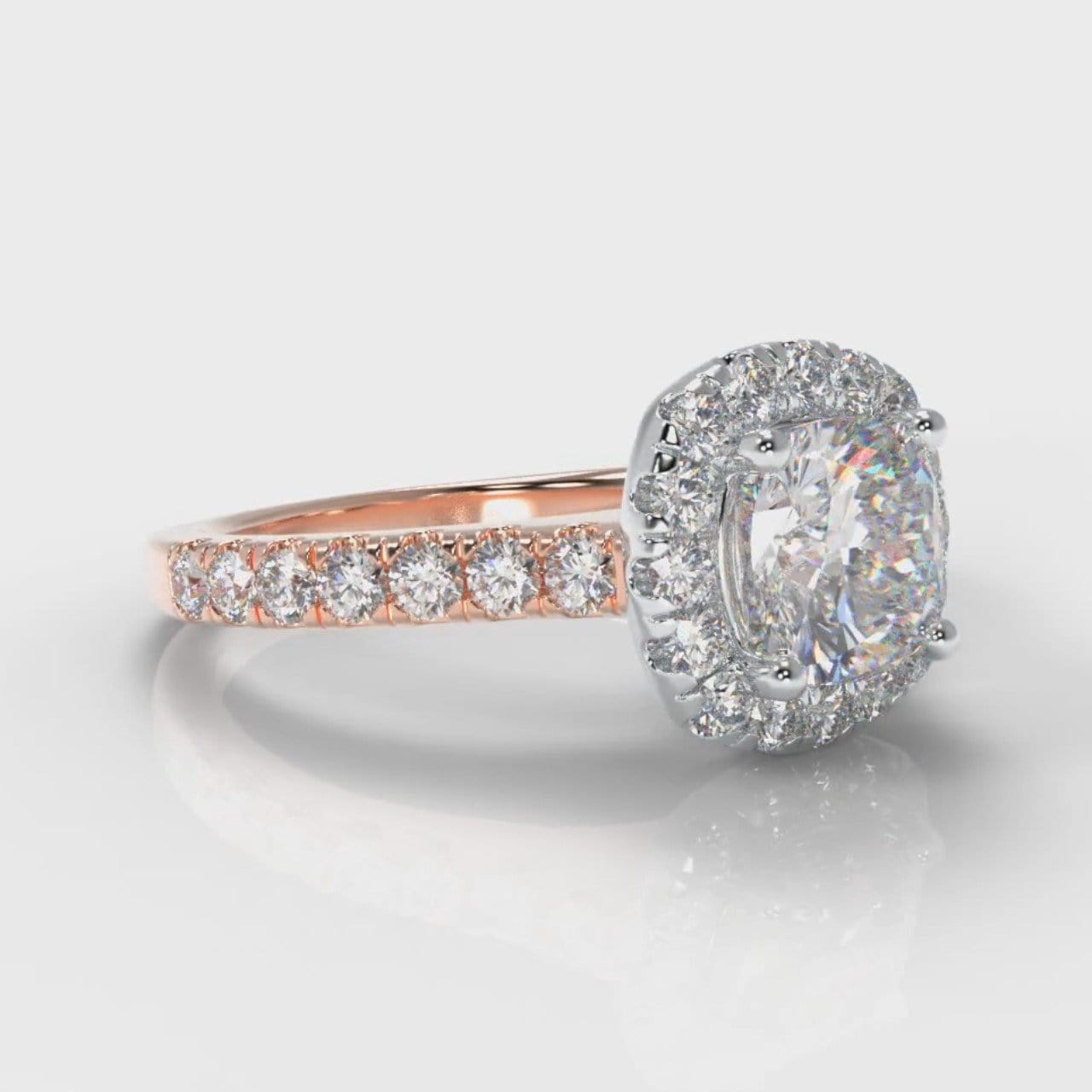Micropavé Cushion Cut Diamond Halo Engagement Ring - Two Tone Rose Gold
