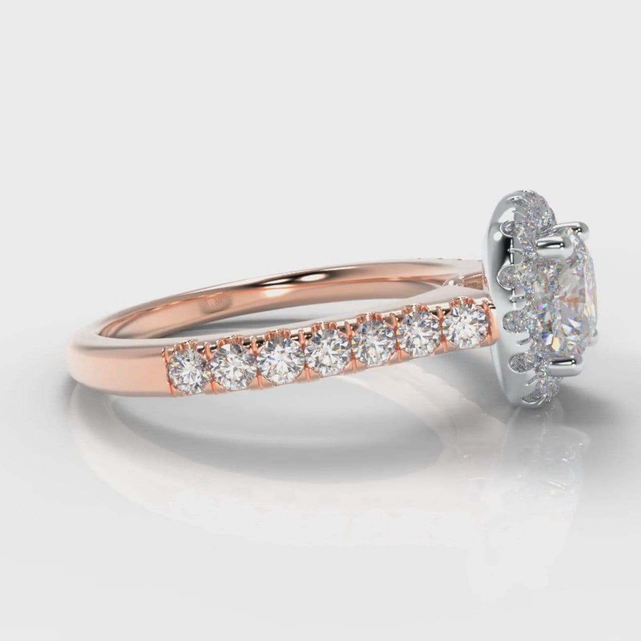 Micropavé Cushion Cut Diamond Halo Engagement Ring - Two Tone Rose Gold