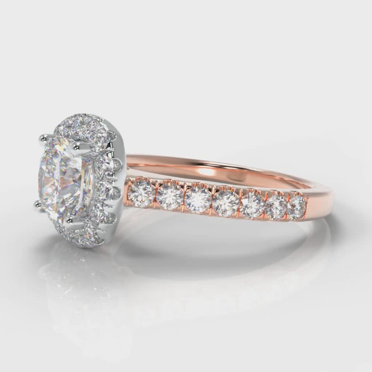 Micropavé Cushion Cut Diamond Halo Engagement Ring - Two Tone Rose Gold