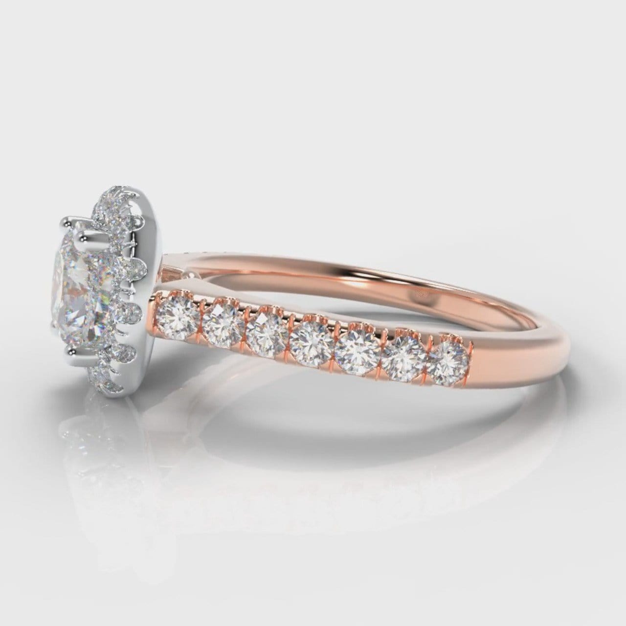 Micropavé Cushion Cut Diamond Halo Engagement Ring - Two Tone Rose Gold