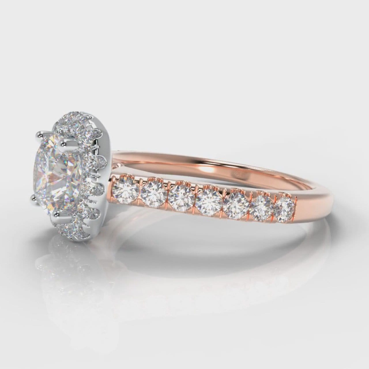 Micropavé Cushion Cut Diamond Halo Engagement Ring - Two Tone Rose Gold
