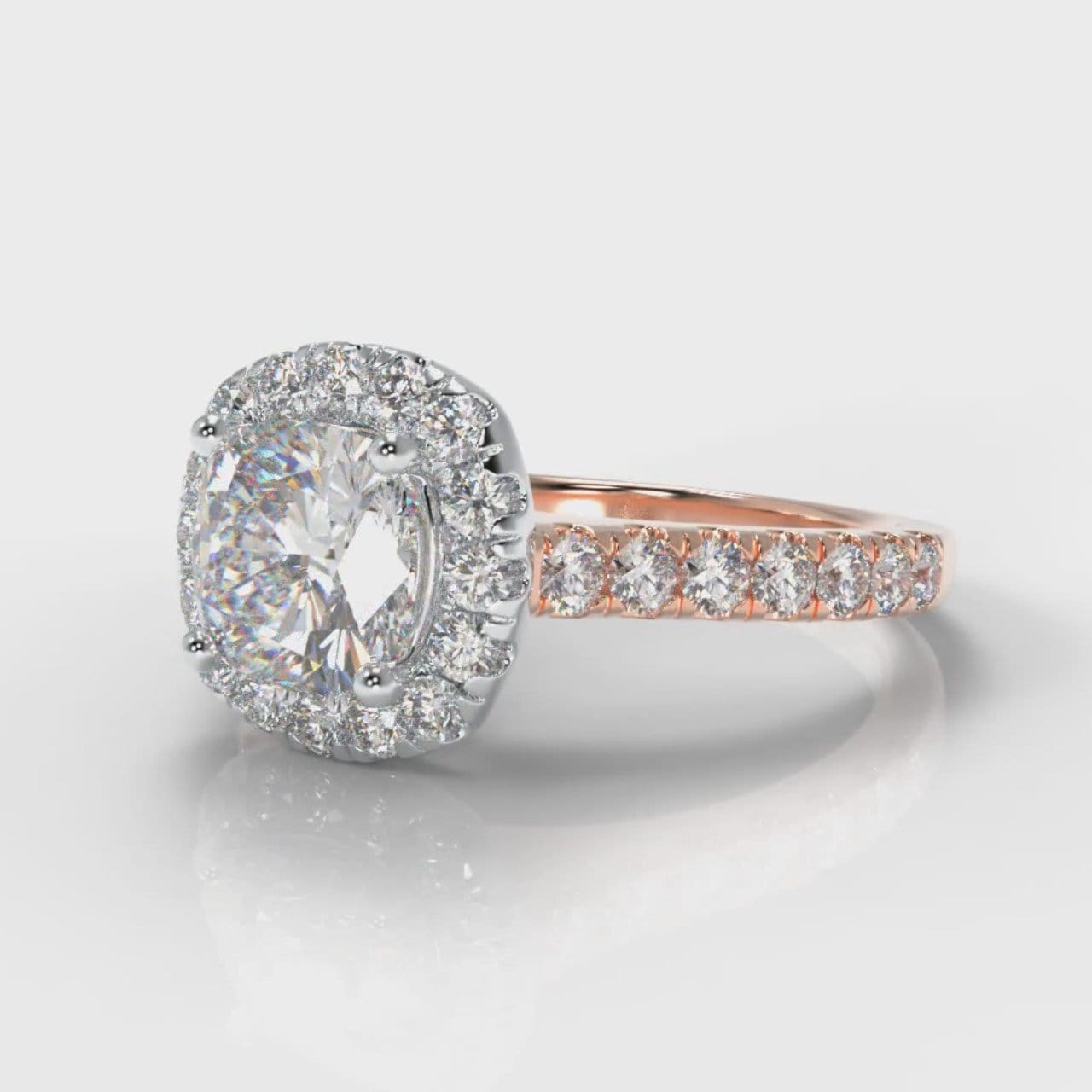 Micropavé Cushion Cut Diamond Halo Engagement Ring - Two Tone Rose Gold
