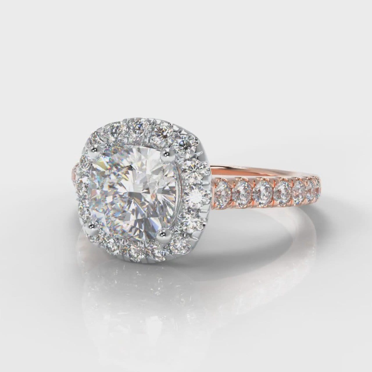 Micropavé Cushion Cut Diamond Halo Engagement Ring - Two Tone Rose Gold