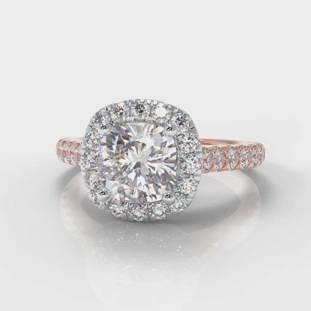 Micropavé Cushion Cut Diamond Halo Engagement Ring - Two Tone Rose Gold