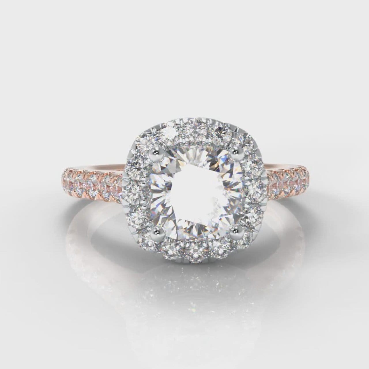 Micropavé Cushion Cut Diamond Halo Engagement Ring - Two Tone Rose Gold