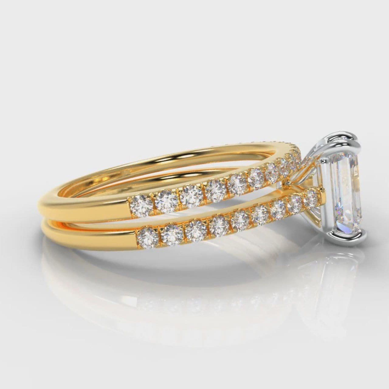 Petite Micropavé Emerald Cut Diamond Bridal Set - Yellow Gold
