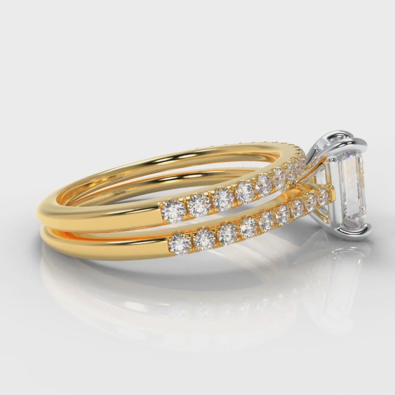 Petite Micropavé Emerald Cut Diamond Bridal Set - Yellow Gold
