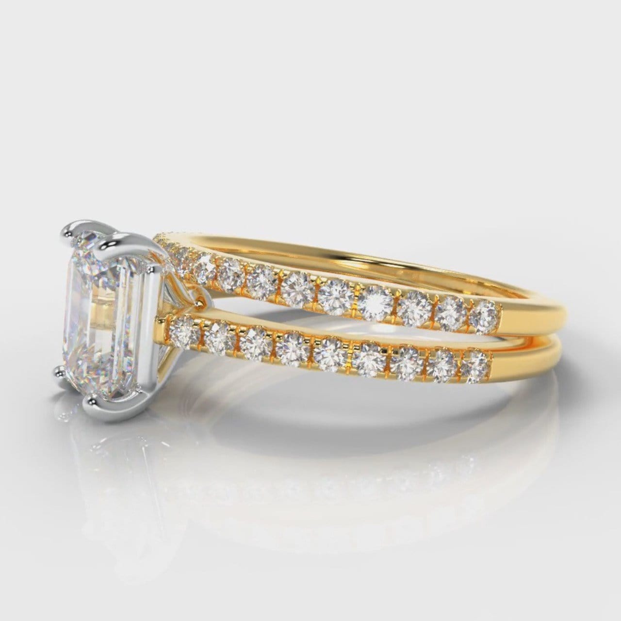 Petite Micropavé Emerald Cut Diamond Bridal Set - Yellow Gold